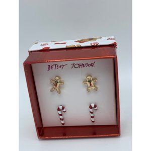 Betsey Johnson Gingerbread Boy & Candy Cane Christmas Earrings